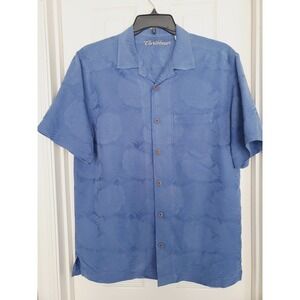 Caribbean Loop Collar Camp Shirt Blue Palm Leaf Jacquard Modal Blend M